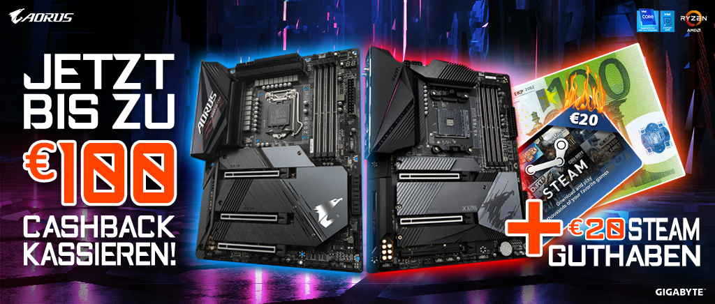 Gigabyte / Aorus X570-, B550- und Z590-Mainboards mit bis zu 100 Euro Cashback & 20 Euro Steam-Guthaben!