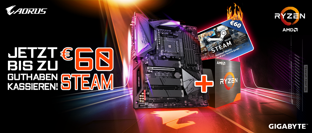 Gigabyte / Aorus B550- & B450-Mainboards + AMD Ryzen 5000 CPU mit bis zu 60 Euro Steam-Guthaben!