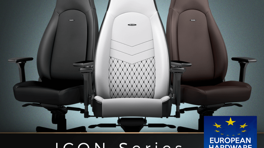 Das Bild zeigt den Gaming-Stuhl ICON von noblechairs in drei Farbvarianten und den verliehenen European Hardware Award 2021.