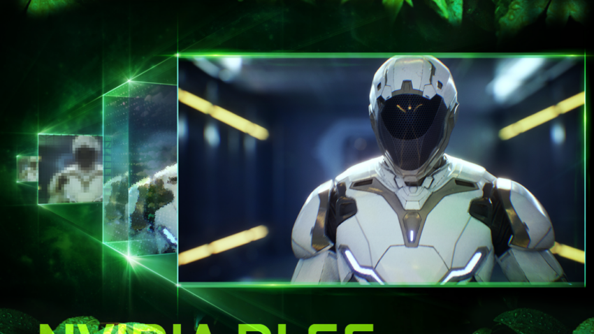 Das Titelbild des NVIDIA DLSS Blogs zeigt die Skalierung mittels künstlicher Intelligenz und den Text: "Maximale FPS. Maximale Qualität durch KI-gestütztes Rendering."