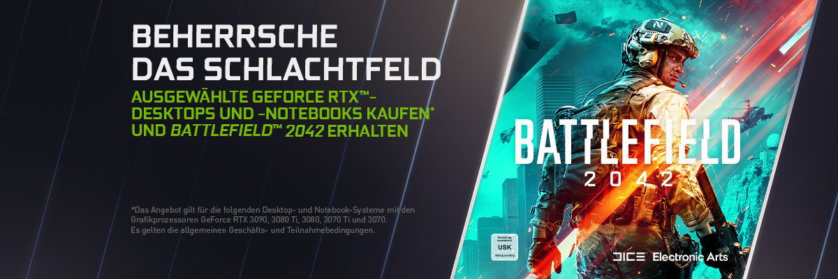 Battlefield 2042 jetzt zu PC-Systemen und Notebooks mit qualifizierten NVIDIA GeForce RTX 3000-GPUs dazu erhalten!