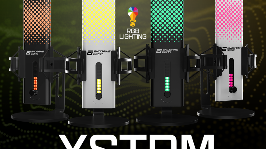 Titelbild zeigt das Endgame Gear XSTRM USB Microphone in den Farben Schwarz und Weiß mit bunter Beleuchtung.