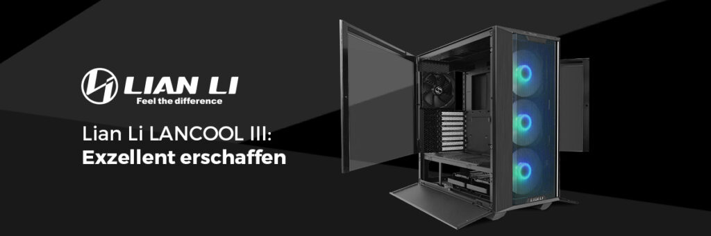 Das Bild zeigt das schwarze Lian Li LANCOOL III mit RGB und offenen Seitenfenstern. 