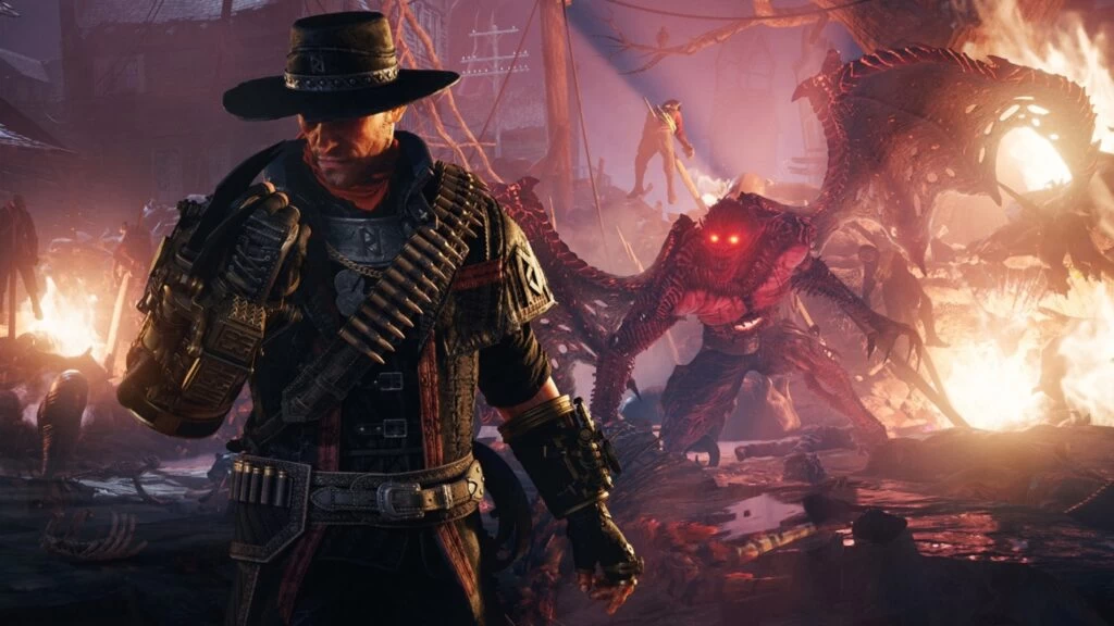 Das BIld zeigt Evil West und einen Vampir im Hintergrund.