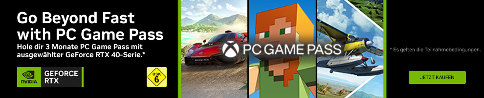 3 Monate PC Game Pass jetzt zu NVIDIA GeForce RTX 4090, 4080, 4070 (Ti) und 4060 (Ti) dazu erhalten!