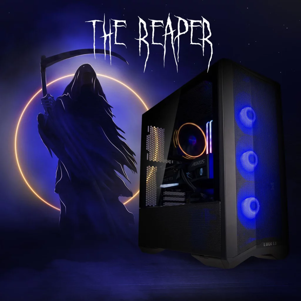 Schwarzer Gaming-PC: The Reaper mit blauer RGB-Beleuchtung