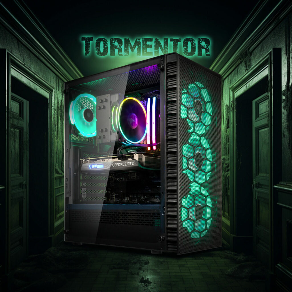 Schwarzer Gaming-PC: Tormentor mit grüner RGB-Beleuchtung