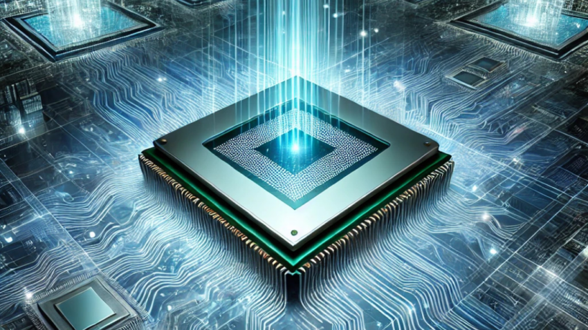 Futuristische Darstellung von Intel Arrow Lake Prozessoren mit schlankem, technologischen Design.