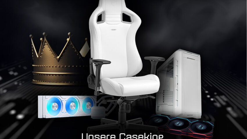 Lüfter mit Krone, Stuhl und PC-Gehäuse, darunter der Text "Unsere Caseking Black Week Deals sind da, Ausrüsten, Aufrüsten, Abstauben"