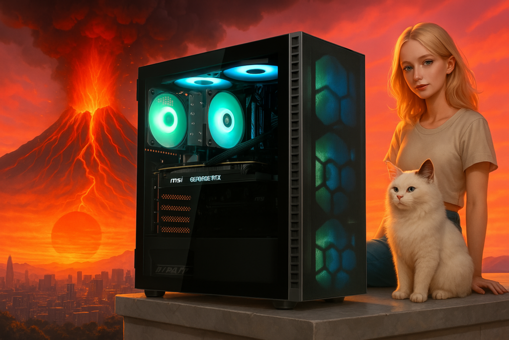 RGB-beleuchteter Gaming-PC vor dramatischer Vulkanlandschaft mit ausbrechendem Vulkan, glühender Lava und Sonnenuntergangshimmel