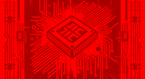 Rotes digitales Artwork mit stilisiertem Mikrochip und Leiterbahnen im Schaltkreis-Design