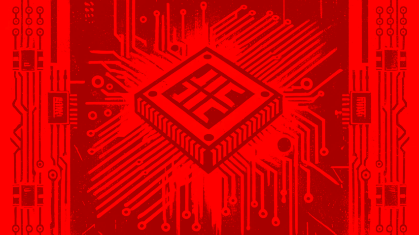 Rotes digitales Artwork mit stilisiertem Mikrochip und Leiterbahnen im Schaltkreis-Design