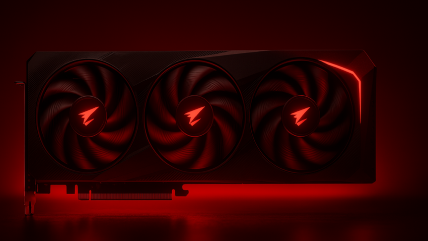 High-End-Grafikkarte mit rot beleuchteten Triple-Fans in dramatischer Studioausleuchtung