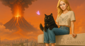 Frau mit Katze auf Dach vor ausbrechendem Vulkan bei Sonnenuntergang