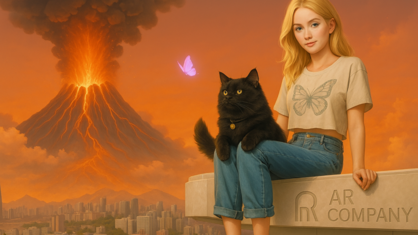 Frau mit Katze auf Dach vor ausbrechendem Vulkan bei Sonnenuntergang