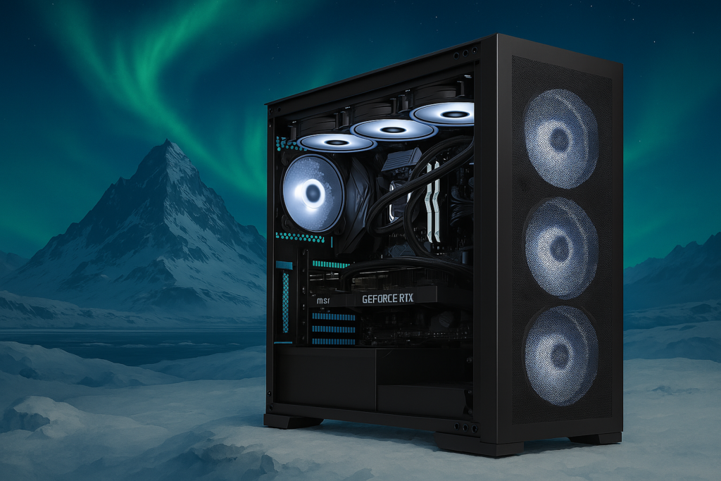 Schwarzer RGB-Gaming-PC vor eisiger Bergkulisse bei Nacht, mit Nordlichtern am Himmel und futuristischer Atmosphäre