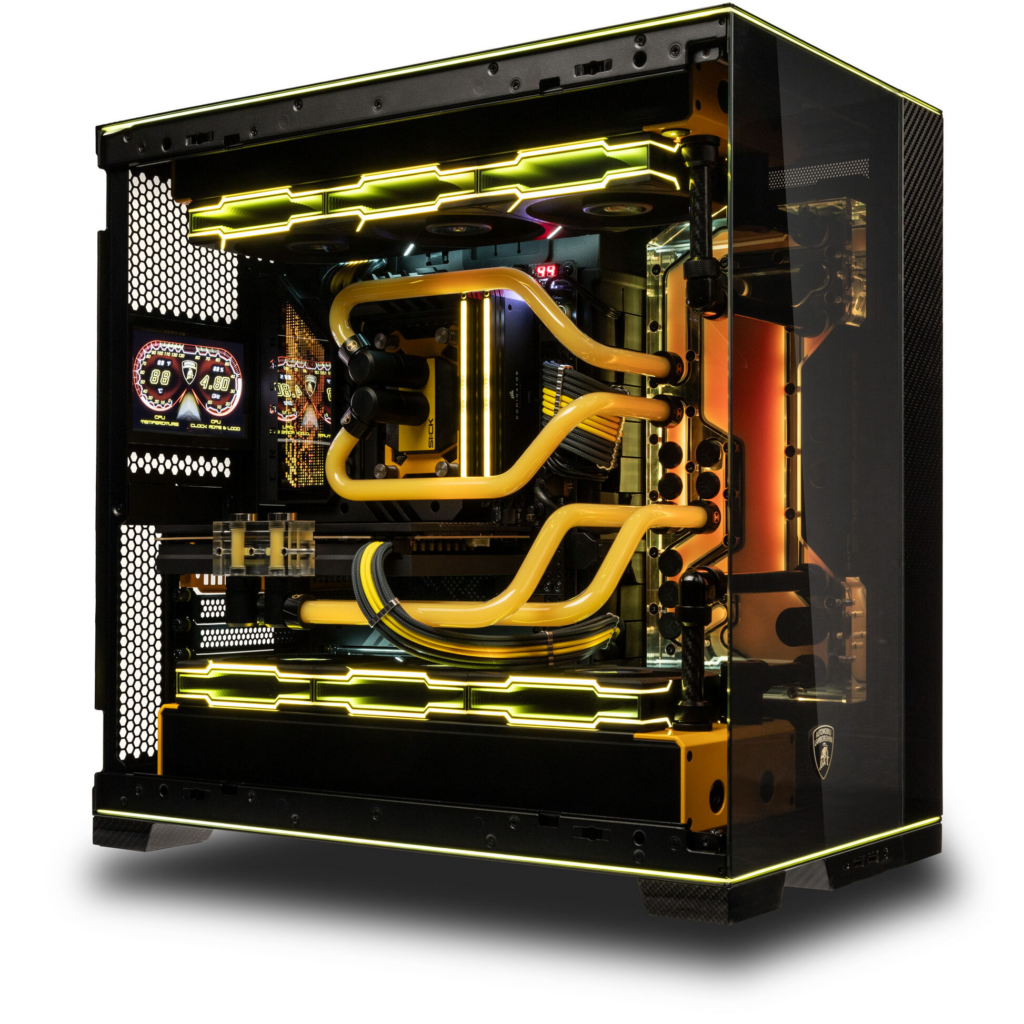 Custom-Gaming-PC mit Wasserkühlung im Lamborgini-Design. Mit gelber Kühlflüssigkeit und RGB-Beleuchtung.