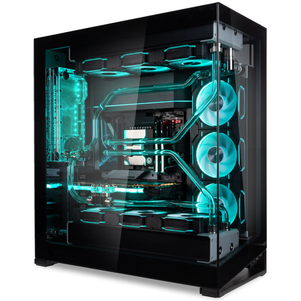 Gaming-PC mit Wasserkühlung, mit blauer Kühlflüssigkeit. Perfekt gesäubert und strahlend sauber.