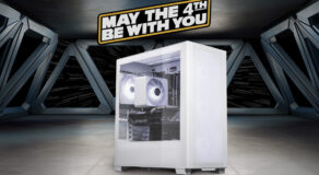 Weißer Gaming-PC mit RGB-Beleuchtung in futuristischer Raumschiff-Umgebung mit dem Schriftzug „May the 4th be with you“.