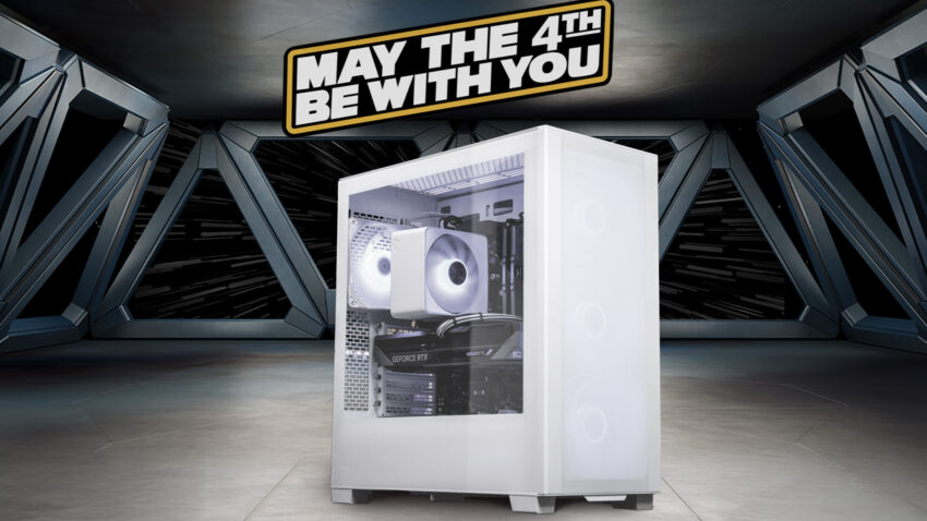 Weißer Gaming-PC mit RGB-Beleuchtung in futuristischer Raumschiff-Umgebung mit dem Schriftzug „May the 4th be with you“.