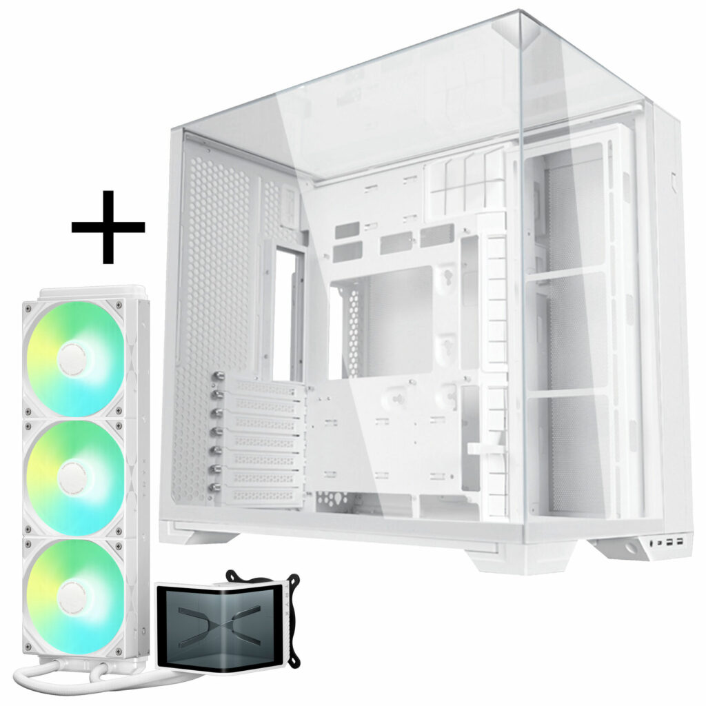 AiO mit Display und PC-Gehäuse mit drei Seiten aus Glas in Weiß