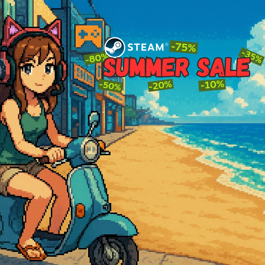 Pixel-Art-Szene mit Gamerin auf blauem Roller und Steam Summer Sale Banner am Strand