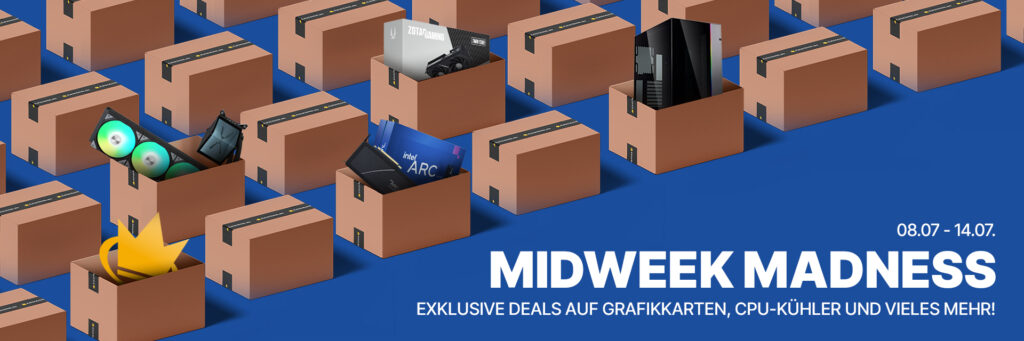 Banner zum Midweek Madness Sale: CPU-Kühler, Grafikkarten und vieles mehr!