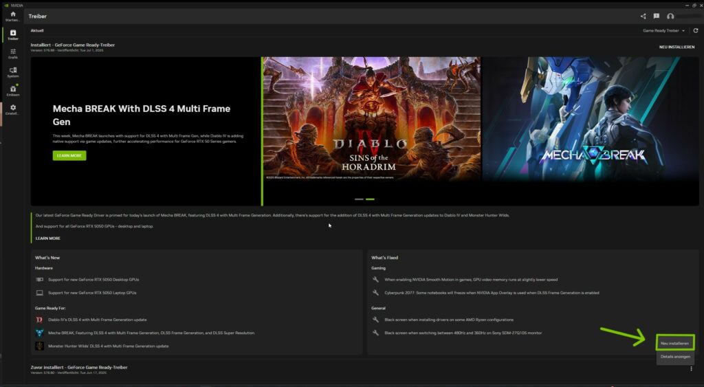 NVIDIA APP Verheriger Treiber Neue Installation