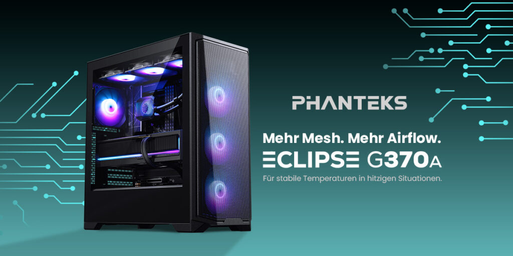 Phanteks G370A mit Slogan und schwarz-blauem Hintergrund