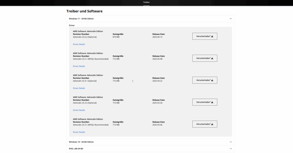 AMD Treiberliste 