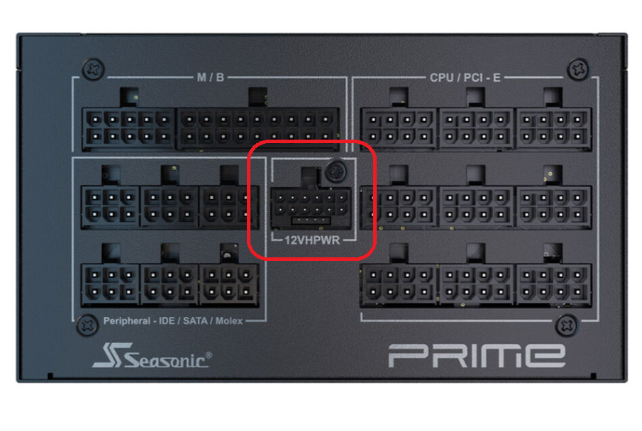 Rückseite eines Netzteils mit PCIe-Buchsen und einer 12VHPWR-Buchse