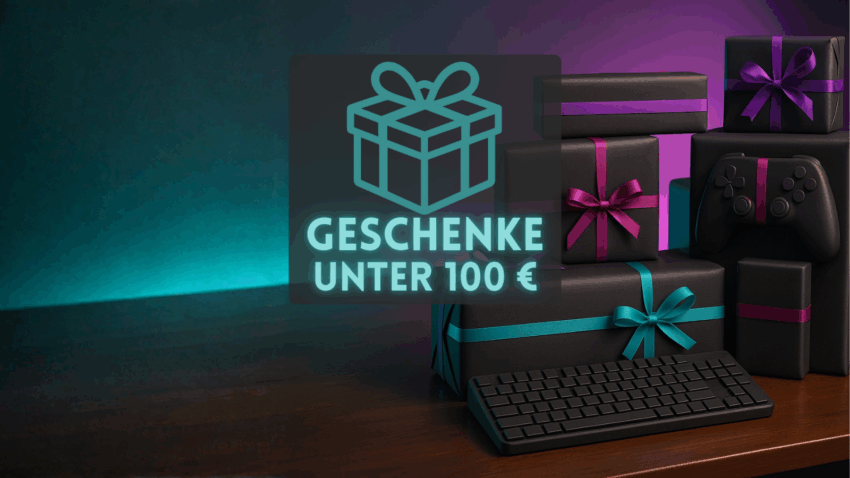 Tisch mit Geschenken und Logo - Geschenke unter 100 €