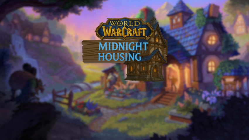 WoW Midnight Housing Add on Schrift mit Haus im Hintergrund