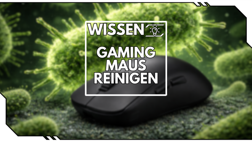 Gaming Maus Reinigen - Mit schwarzer Maus, und einem Bakterium im Hintergrund