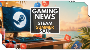 PC mit Steam Logo und Rabattanhängern vor dem Meer und Palmen