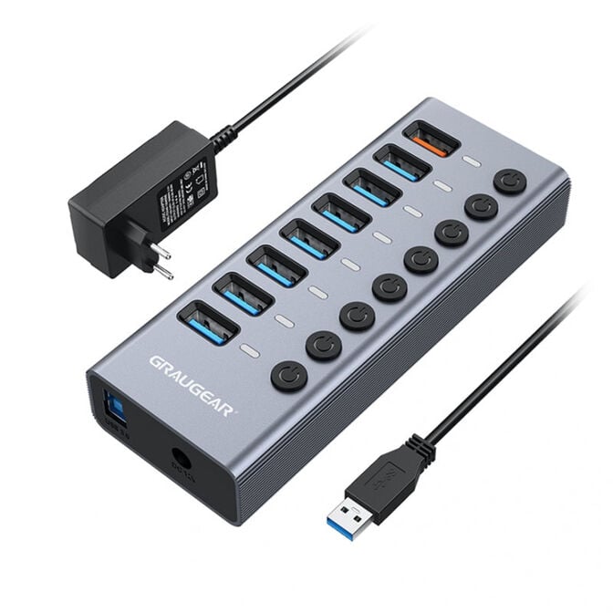 Grey 7-Port USB-A 3.0 HUB + 1x Charging Port image number 0