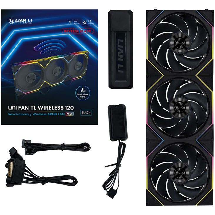 Lian Li UNI FAN TL Wireless Fans, ARGB, PWM, 3-Pack – Reverse Blade, 120 mm, Black image number 9