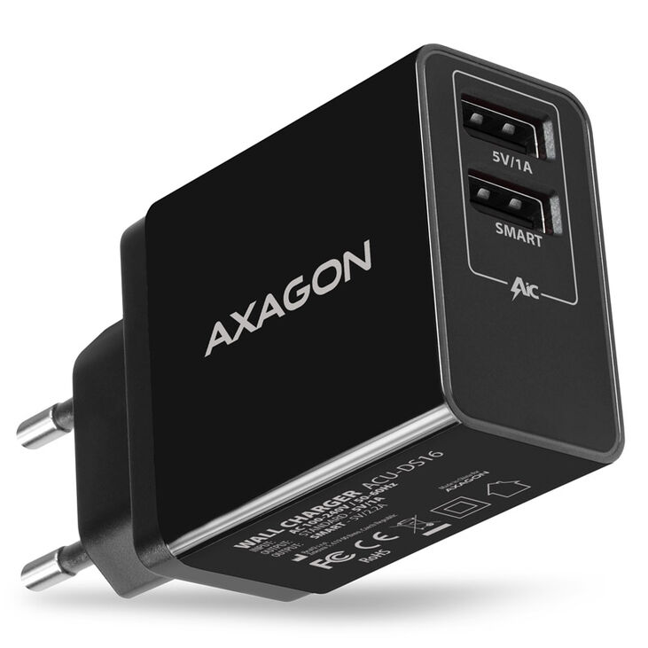 AXAGON ACU-DS16 Ladegerät, 2x USB-A, Smart 5V 1,2A, 16W - schwarz image number 0