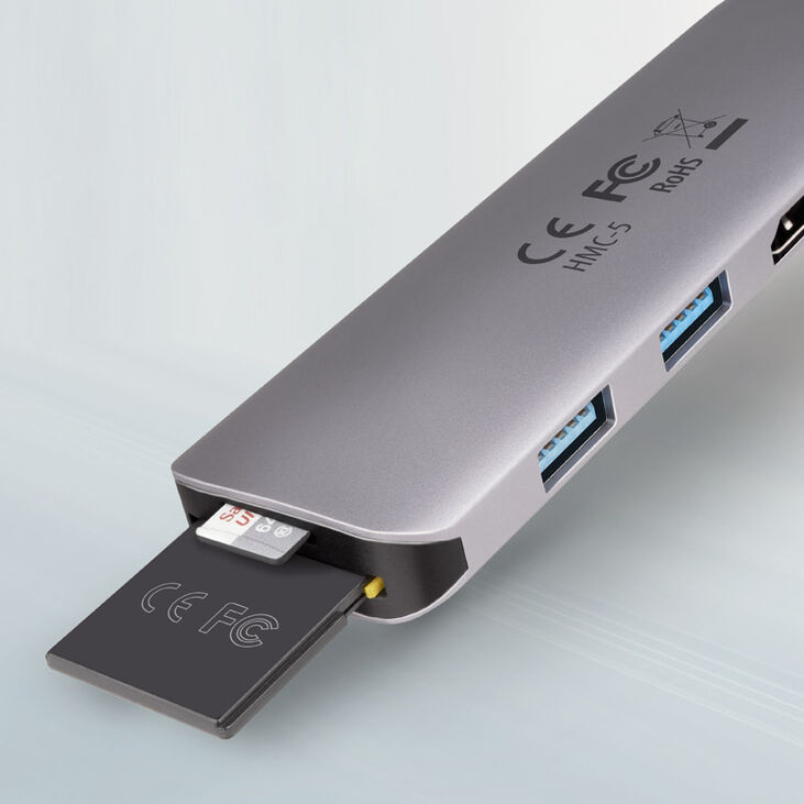 AXAGON HMC-5 USB-C-Hub, 2x USB-A, HDMI, 2x USB-C 3.2 Gen 1, 1x SD, 1x microSD, silber image number 1