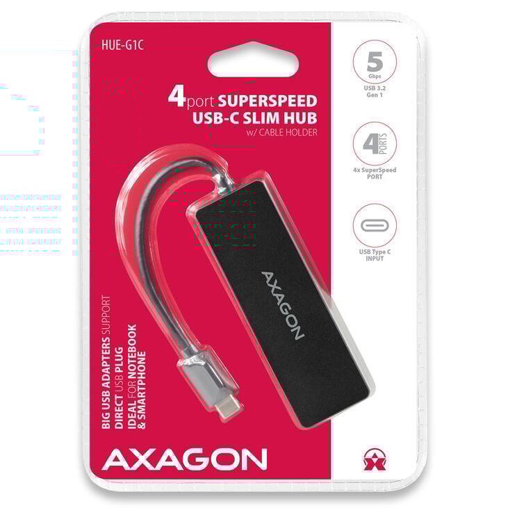 AXAGON HUE-G1C Superspeed USB-C Slim Hub, 4x USB 3.0 - 14cm, black image number 2