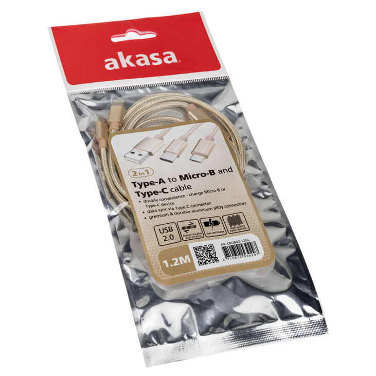 Akasa 2 in 1 USB 2.0 Kabel Typ A zu Micro-B und Typ C - 1m, gold image number 2
