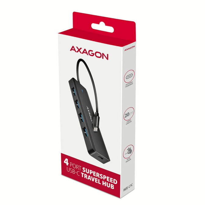 AXAGON HUE-C1C Superspeed USB-C Travel Hub, 4x USB 3.0 - 20cm, schwarz image number 6