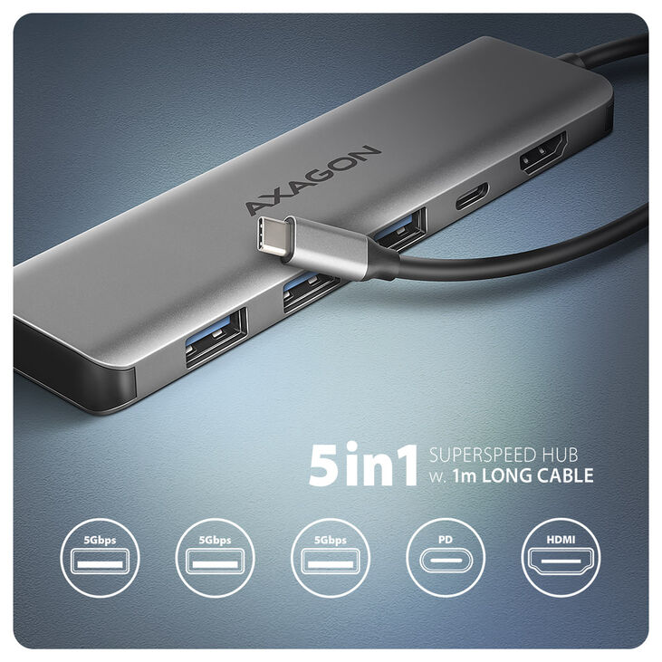 AXAGON HMC-5H USB-C 3.2 Gen 1 hub, 3x USB-A, 4K HDMI, PD 100W, 100cm USB-C cable image number 2