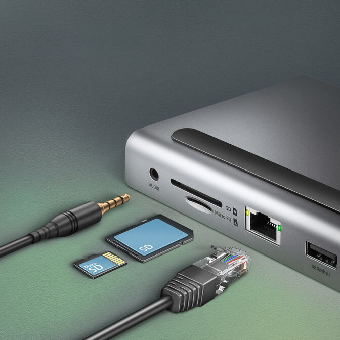 AXAGON HMC-4KX3 USB 3.0 Hub, MiniDP + 2x HDMI, LAN, PD, 3x USB-A, SD-Kartenleser, Audio image number 3
