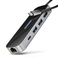 AXAGON HMC-6GLN USB Hub, 2x USB-A, 1x USB-C, 1x HDMI 2.0, 1x RJ45, 100W PD – silver
