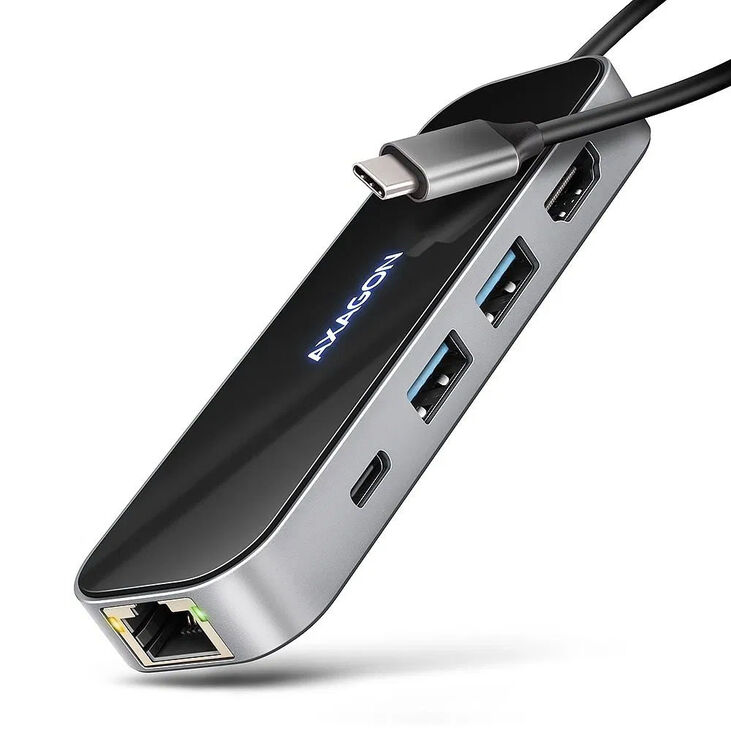 AXAGON HMC-6GLN USB Hub, 2x USB-A, 1x USB-C, 1x HDMI 2.0, 1x RJ45, 100W PD – silver image number 0