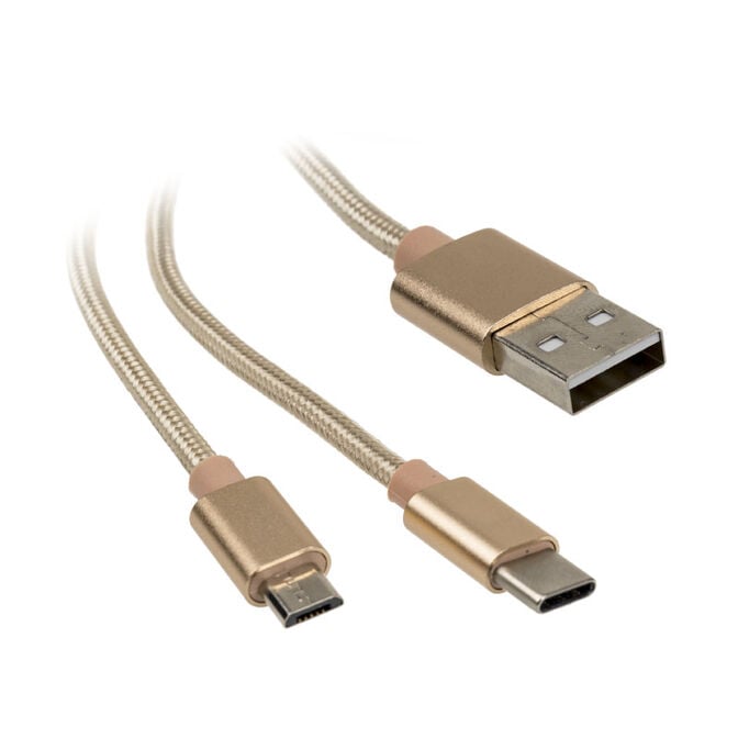Akasa 2 in 1 USB 2.0 Cable Type A to Micro-B and Type C - 1m, gold image number 0