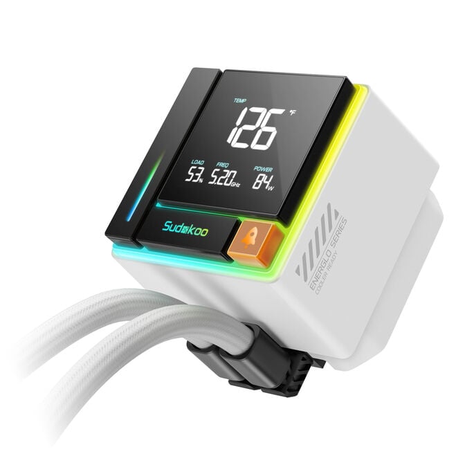 Sudokoo energlo 360 | 360mm aio vodno hlajenje z lcd zaslonom | argb pwm | belo | hladilnik za procesor 3 Sudokoo energlo 360 bela vodna glava z lcd zaslonom za prikaz temperatur in obremenitve