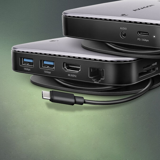 AXAGON HMC-UFO USB-C Hub, M.2 SATA/NVMe, 1 Gbit/s Ethernet, 384 kHz Audio - black/silver image number 1