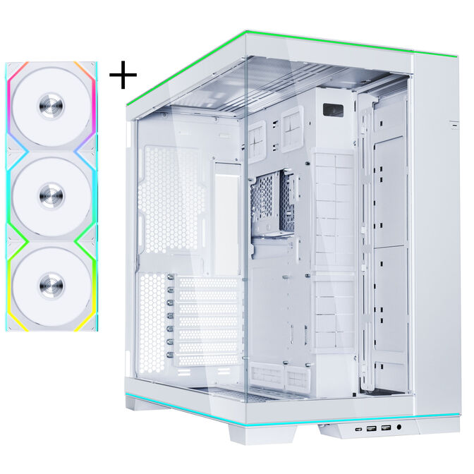 Lian Li O11D EVO RGB, Tempered Glass - wei&szlig; + UNI FAN SL Wireless ARGB PWM L&uuml;fter, 3er-Pack inkl. Controller - 120mm image number 0